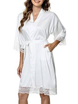 Tuopuda Bademantel Damen, Satin Kimono Morgenmantel Sommer, Nachthemd Spitze mit Taschen Kurz Robe mit Gürtel Blumenspitze Nachtwäsche Sleepwear für Party Hochzeit Braut Brautjungfern, Weiß, M von Tuopuda