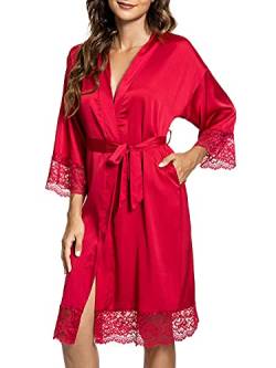 Tuopuda Bademantel Damen, Satin Kimono Morgenmantel Sommer, Nachthemd Spitze mit Taschen Kurz Robe mit Gürtel Blumenspitze Nachtwäsche Sleepwear für Party Hochzeit Braut Brautjungfern, rot, S von Tuopuda