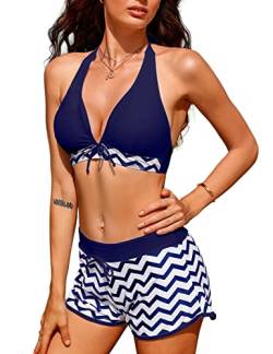 Tuopuda Bikini Set Push Up Sexy Damen Zweiteilige Badeanzug Bauchweg Ties-up Neckholder Bikinioberteil mit Sport Bikinihosen Verstellbar Bekinis Bademode Swimsuit Strandkleidung, A-Marine, S von Tuopuda