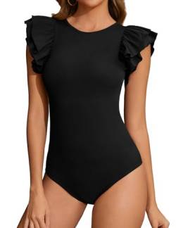 Tuopuda Body Damen Bauchweg Ribbed Bodysuit Elegant Rundhals Rüschen Kurzarm T-Shirt Tops Slimming Oberteil Formende Shaping Body Shaper für Frauen, Schwarz, L von Tuopuda