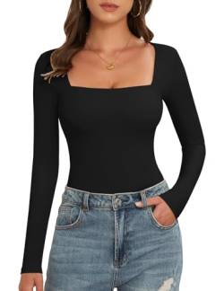 Tuopuda Body Damen Langarm Bodysuit Women Elegant Square Neck Stringbody Top Basic Unterziehbody Hoher Elastizität Bodies für Frauen, schwarz, M von Tuopuda