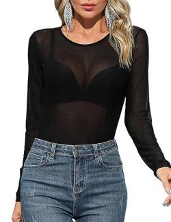 Tuopuda Body Damen Sheer Mesh Bodysuit Langarm/Kurzarm, Festival Club Party Netz Oberteil Rave Outfit, Overall Blusenbody Top Bodies für Frauen Jumpsuit, Schwarz-1, L von Tuopuda