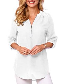 Tuopuda Damen Bluse V-Ausschnitt Hemden Elegant 3/4 Ärmel Casual Arbeit Oberteile mit Reißverschluss Langshirt Langarm Tunika Tops Lose Einfarbig T-Shirt Sommer mit Spitzen, Weiß, S von Tuopuda