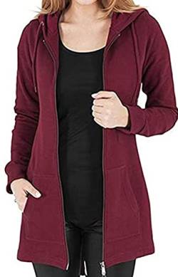 Tuopuda Damen Hoodie Jacke Oversize Reißverschluss Winterjacke Langarm Mantel Winter Cardigan Kapuzenpullover Sweatshirt mit Kapuze Strickjacke Kapuzenjacke mit Taschen Kapuzenpulli, Rotwein, M von Tuopuda