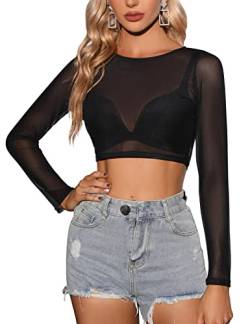 Tuopuda Damen Netz Oberteil Transparentes Shirt Sexy Langarmshirt Durchsichtige T-Shirt Sheer Mesh Bluse Tunika Casual Clubwear Party Tops, F, S von Tuopuda