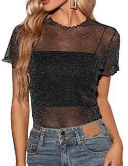 Tuopuda Damen Netz Oberteil Transparentes Shirt Sexy Langarmshirt Durchsichtige T-Shirt Sheer Mesh Bluse Tunika Casual Clubwear Party Tops, G, L von Tuopuda