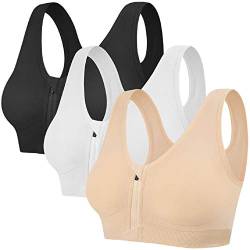 Tuopuda Damen Sport BH Gepolstert Elastizität Bustier Yoga BH ohne Bügel Push Up Zip Front Sports Bra Starker Halt Doppelt Träger Große Brüste für Fitness Laufen Joggen, Schwarz + Weiß + Hautton, XL von Tuopuda