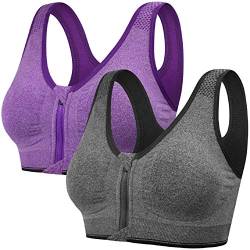 Tuopuda Damen Sport BH Gepolstert Elastizität Bustier Yoga BH ohne Bügel Push Up Zip Front Sports Bra Starker Halt Doppelt Träger Große Brüste für Fitness Laufen Joggen Top, Grau + lila, L von Tuopuda