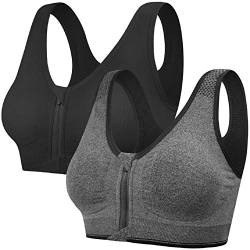 Tuopuda Damen Sport BH Gepolstert Elastizität Bustier Yoga BH ohne Bügel Push Up Zip Front Sports Bra Starker Halt Doppelt Träger Große Brüste für Fitness Laufen Joggen Top, Schwarz + Grau, M von Tuopuda