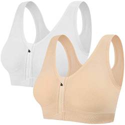 Tuopuda Damen Sport BH Gepolstert Elastizität Bustier Yoga BH ohne Bügel Push Up Zip Front Sports Bra Starker Halt Doppelt Träger Große Brüste für Fitness Laufen Joggen Top, Weiß + Hautton, L von Tuopuda