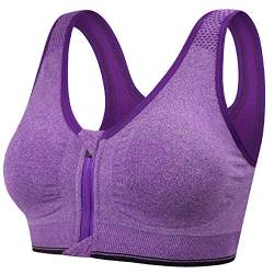 Tuopuda Damen Sport BH Gepolstert Elastizität Bustier Yoga BH ohne Bügel Push Up Zip Front Sports Bra Starker Halt Doppelt Träger Große Brüste für Fitness Laufen Joggen Top, lila, XL von Tuopuda