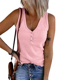 Tuopuda Damen Tank Tops Sommer Crop Top V-Ausschnitt Basic Oberteile Strickshirts Ärmelloses Blusen Elegant Weste Vest T-Shirt Trägershirt mit Knöpfen Racerback BH Unterhemden ohne Bügel, Rosa, M von Tuopuda