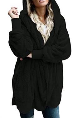 Tuopuda Damen Teddyfleece Jacke Warmes Kapuzenjacke, Herbstjacke Winterjacke Mantel Geschenk für Mama Adventskalender, Schwarz, XL von Tuopuda