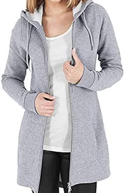 Tuopuda Fleecejacke Damen Lang Winterjacke Sweatjacke Kapuzenjacke Zip Kapuzenpullover Lose Jacken Einfarbig Sweatshirt Langen Mantel Outwear, Grau, L von Tuopuda