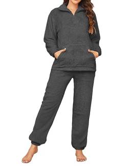 Tuopuda Freizeitanzug Damen Pullover Langarm mit Schlafanzughose, Weihnachts Pyjama Nachthemd Flanell Morgenmantel, Warm Hausmantel Geschenk für Mama, Grau, XL von Tuopuda