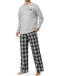 Tuopuda Herren Schlafanzug Lang Herbst Winter Zweiteilige Pyjamas, Shirt mit Tasche Pyjamahose Weihnachts PjS Geschenke für Männer, Grau Kariert, L von Tuopuda