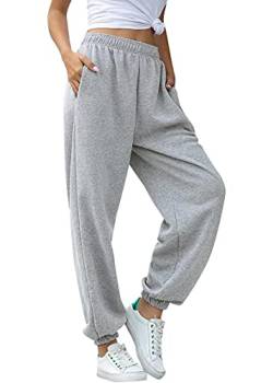 Tuopuda Jogginghose Damen, Sporthose Baumwolle Sommer Yoga Hose mit Taschen Hohe Taile Trainingshose Freizeithose Jogger Laufhosen Basics Sweathose Lang Sweatpants Trackpants, grau, M von Tuopuda