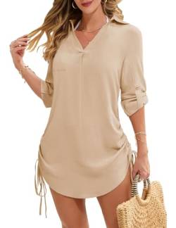 Tuopuda Kleider Damen Sommer T-Shirt Langarm Sonnenschutz Langarmshirts Longshirt Strandhemd Bademode Hemd Freizeitkleid Beachwear Long Sleeve Swimsuit Cover Ups, Beige, L von Tuopuda