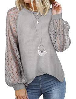 Tuopuda Langarmshirt Damen, Shirt Langarm Rundhals Bluse Casual T-Shirt Oberteile Lose Tunika Tops Herbst Winter Spitze Laternenärmel Hemd, Grau, L von Tuopuda