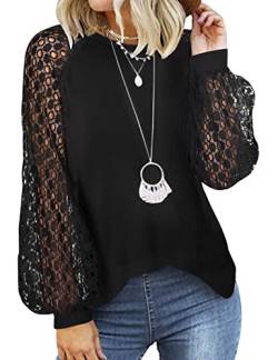 Tuopuda Langarmshirt Damen, Shirt Langarm Rundhals Bluse Casual T-Shirt Oberteile Lose Tunika Tops Herbst Winter Spitze Laternenärmel Hemd, Schwarz, L von Tuopuda