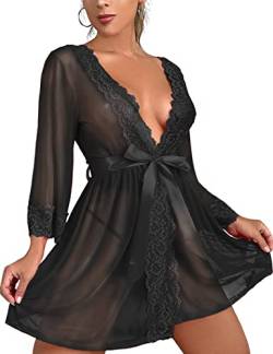 Tuopuda Negligee Damen Sexy Dessous Babydoll Nachtwäsche Tiefer V-Ausschnitt Nachthemd Spitze Nachtkleid Unterwäsche Set Reizwäsche Kimono Morgenmantel Kurz Robe mit Gürtel, Schwarz, L von Tuopuda