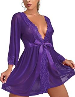 Tuopuda Negligee Damen Sexy Dessous Babydoll Nachtwäsche Tiefer V-Ausschnitt Nachthemd Spitze Nachtkleid Unterwäsche Set Reizwäsche Kimono Morgenmantel Kurz Robe mit Gürtel, Violett, L von Tuopuda