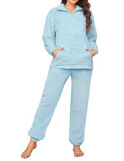 Tuopuda Pyjama Damen Lang Flauschig Warm Fleece Nachtwäsche Set, Weihnachts PjS Für Frauen Einfarbig Sleepwear Freizeitanzug mit Tasche, Blau, L von Tuopuda