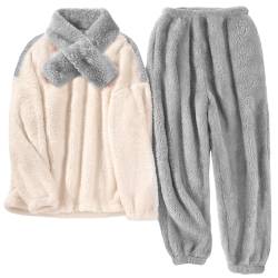 Tuopuda Pyjama Damen Lang Flauschig Winter Fleece Nachtwäsche Set, Weihnachts PjS Für Frauen Sleepwear Freizeitanzug mit Tasche, Grau, XL von Tuopuda