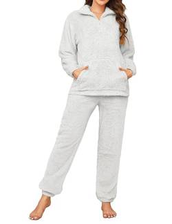 Tuopuda Schlafanzug Damen Lang Flanell Pyjama Set, Hausanzug Kuschelig mit Reißverschluss Warm Nachtwäsche Zweiteiliger, Winter Oberteile Langarm mit Schlafanzughosen, hellgrau, XL von Tuopuda