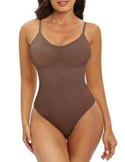 Tuopuda Shapewear Damen Body Shaper Bauchweg Bodysuit Figurenformend Miederbody Stark Formend Taillenmieder Sculpting Tanga Verstellbarer Schultergurt, Kaffee, L von Tuopuda