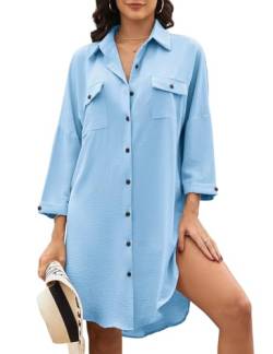 Tuopuda Strandkleid Damen V-Ausschnitt Sommerkleider Bluse Sommer Strandponcho Tunika Kleid mit Knopfleiste Langarm Bademode Strand Vertuschen Shirt Bikini Cover Up, Blau, M von Tuopuda