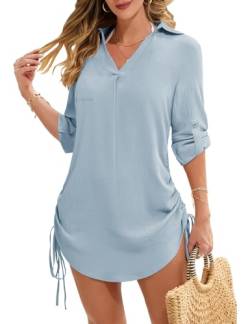 Tuopuda Strandkleid Damen V-Ausschnitt Sommerkleider Bluse Sommer Strandponcho Tunika Kleid mit Kordelzug Langarm Bademode Strand Vertuschen Shirt Bikini Cover Up, Blau, L von Tuopuda