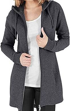 Tuopuda Sweatjacke Damen Lang mit Kapuze Sweatshirt Jacke, Zipper Hoodie Herbst Winter Pulli mit Reißverschluss für Frauen Fleece Kapuzenjacke, Dunkelgrau, M von Tuopuda