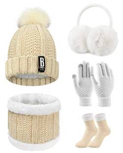 Tuopuda Wintermütze Handschuhe Damen Warme Beanie Winter Mütze Strickmütze Schal Gestrickte Handschuhe Verdickte Socken Plüsch Ohrenschützer Kombi Set Geschenk für Outdoor Sport Wärmen, Beige von Tuopuda