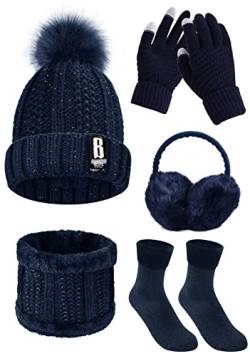 Tuopuda Wintermütze Handschuhe Damen Warme Beanie Winter Mütze Strickmütze Schal Gestrickte Handschuhe Verdickte Socken Plüsch Ohrenschützer Kombi Set Geschenk für Outdoor Sport Wärmen, Blau von Tuopuda