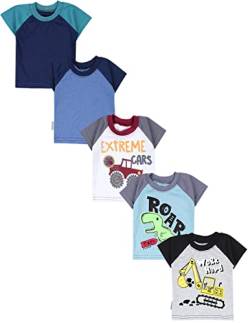 TupTam Baby Jungen Kurzarm T-Shirt mit Aufdruck Unifarben Sterne Streifen 5er Set, Farbe: Bagger Monster Tuck Dino Grau Blau Grün, Größe: 98 von TupTam