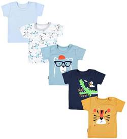 TupTam Baby Jungen Kurzarm T-Shirt mit Aufdruck Unifarben Sterne Streifen 5er Set, Farbe: Krokodil Dunkelblau Tiger Senfgelb Zebra Blau, Größe: 86 von TupTam