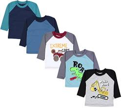 TupTam Baby Jungen Langarmshirt Gestreift 5er Set, Farbe: Bagger Monster Tuck Dino Grau Blau Grün, Größe: 74 von TupTam