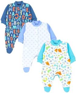 TupTam Baby Jungen Schlafstrampler Langarm Strampler Schlafanzug mit Fuß 3er Pack, Farbe: Dino Park/Dunkelblau/Sterne/Hellblau, Größe: 92 von TupTam