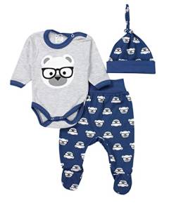 TupTam Baby Kleidung Set Body Strampelhose Mütze Bekleidungsset Jungen Mädchen, Farbe: Bärchen mit Brille Grau/Dunkelblau, Größe: 56 von TupTam