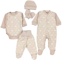 TupTam Baby Kleidung Set Jungen Langarm Bekleidung Body Neugeborene Füßlingen Hose Body Strampler Mütze 5 tlg, Farbe: Bärchen CC/Beige, Größe: 56 von TupTam