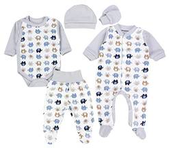 TupTam Baby Kleidung Set Jungen Langarm Bekleidung Body Neugeborene Füßlingen Hose Body Strampler Mütze 5 tlg, Farbe: Elefanten Grau/Weiß, Größe: 50 von TupTam