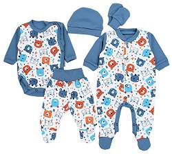 TupTam Baby Kleidung Set Jungen Langarm Bekleidung Body Neugeborene Füßlingen Hose Body Strampler Mütze 5 tlg, Farbe: Teddybär Blau, Größe: 56 von TupTam