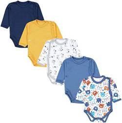 TupTam Baby Langarm Wickelbody Mädchen Body Jungen im 5er Set, Farbe: Bärchen Hundchen Jeansblau Senfgelb Dunkelblau, Größe: 80 von TupTam