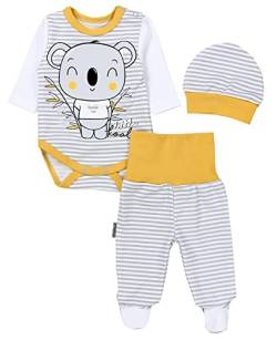 TupTam Baby Mädchen Jungen Bekleidungsset Langarmbody Hose Mütze mit Aufdruck Spruch 3 teilig, Farbe: Koala Streifen Grau/Gelb, Größe: 62 von TupTam