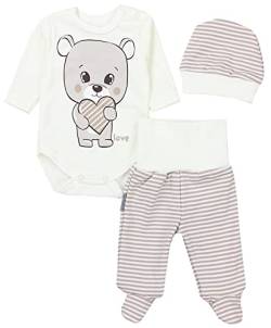 TupTam Baby Mädchen Jungen Bekleidungsset Langarmbody Hose Mütze mit Aufdruck Spruch 3 teilig, Farbe: Love Teddy/Streifen Beige Ecru, Größe: 56 von TupTam