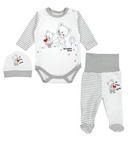 TupTam Baby Mädchen Jungen Bekleidungsset Langarmbody Hose Mütze mit Aufdruck Spruch 3 teilig, Farbe: Streifenmuster Grau/Bärchen Herz, Größe: 62 von TupTam