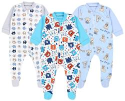 TupTam Baby Unisex Schlafstrampler Mädchen Schlafanzug mit Fuß Jungen Spieler 3er Pack, Farbe: Bärchen/Elefanten/Blau/Grau, Größe: 68 von TupTam