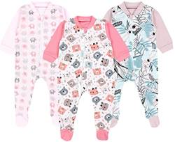 TupTam Baby Unisex Schlafstrampler Mädchen Schlafanzug mit Fuß Jungen Spieler 3er Pack, Farbe: Bärchen/Elefanten/Rosa/Koralle, Größe: 92 von TupTam