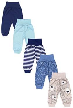 TupTam Unisex Baby Pumphose 5er Pack aus Oeko-Tex zertifizierten Materialien Langhose Unisex, Farbe: Dunkelblau Grün Dino Jeansblau Streifen Grau, Größe: 62 von TupTam